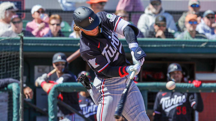Feb 23, 2026; Lakeland, Florida, USA; Minnesota Twins second baseman Luke Keaschall (15) bats during the first inning against the Detroit Tigers at Publix Field at Joker Marchant Stadium. Mandatory Credit: Mike Watters-Imagn Images Feb 23, 2026; Lakeland, Florida, USA; Minnesota Twins second baseman Luke Keaschall (15) bats during the first inning against the Detroit Tigers at Publix Field at Joker Marchant Stadium. Mandatory Credit: Mike Watters-Imagn Images