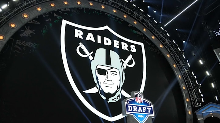 Apr 25, 2024; Detroit, MI, USA; A Las Vegas Raiders logo at the 2024 NFL Draft at Campus Martius Park and Hart Plaza. Mandatory Credit: Kirby Lee-Imagn Images