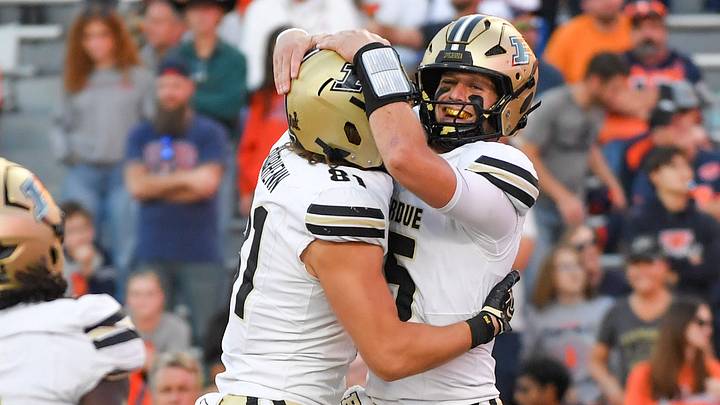 Purdue Boilermakers quarterback Ryan Browne (15) celebrates his touchdown.