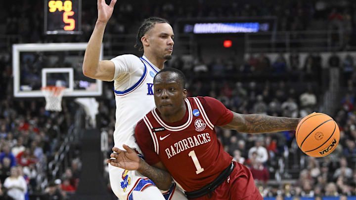 Arkansas Razorbacks guard Johnell Davis (1) controls the ball during the second half against the Kansas Jayhawks at Amica Mutual Pavilion. Arkansas Razorbacks guard Johnell Davis (1) controls the ball during the second half against the Kansas Jayhawks at Amica Mutual Pavilion.
