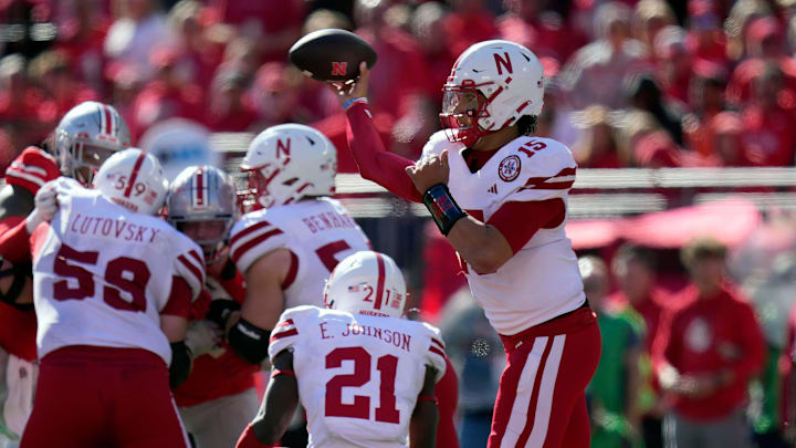 Nebraska Cornhuskers quarterback Dylan Raiola (15) throws a short pass against Ohio State Buckeyes during the third quarter of their game at Ohio Stadium on Oct 26, 2024, in Columbus.