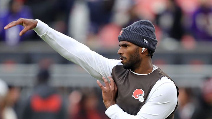 Cleveland Browns quarterback Shedeur Sanders warms up before an NFL football game at Huntington Bank Field, Nov. 16, 2025, in Cleveland, Ohio.