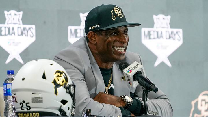 Colorado head coach Deion Sanders speaks with the media during 2025 Big 12 Football Media Days at The Star. Mandatory Credit: Raymond Carlin III-Imagn Images