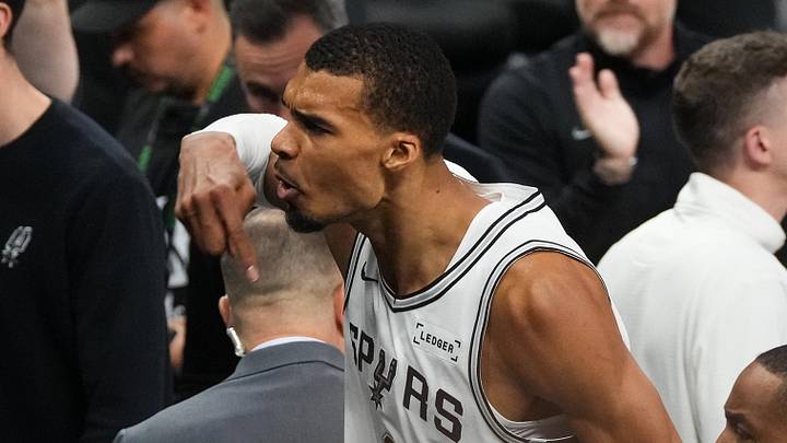 May 24, 2026; San Antonio, Texas, USA;  San Antonio Spurs center Victor Wembanyama (1) reacts after the second quarter against the Oklahoma City Thunder during game four of the western conference finals for the 2026 NBA playoffs at Frost Bank Center. Mandatory Credit: Scott Wachter-Imagn Images