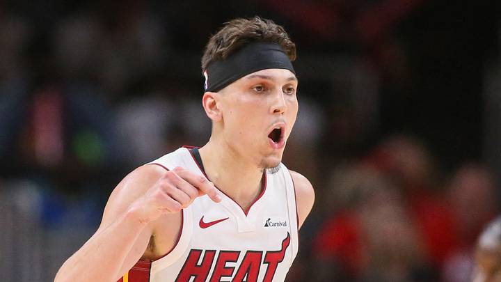 Miami Heat guard Tyler Herro (14) reacts after a basket against the Atlanta Hawks in the second half at State Farm Arena on April 9, 2024.