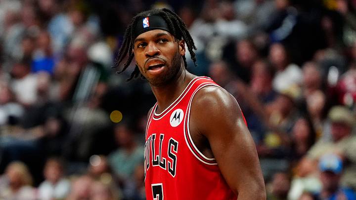 Oct 11, 2026; Denver, Colorado, USA;  Chicago Bulls guard Buddy Hield (7) reacts in the second quarter against the Chicago Bulls at Ball Arena.  Mandatory Credit: Ron Chenoy-Imagn Images