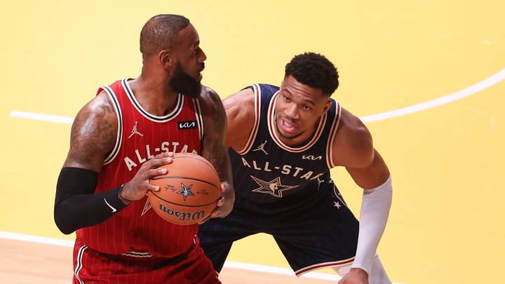 Feb 18, 2024; Indianapolis, Indiana, USA; Eastern Conference forward Giannis Antetokounmpo (34) of the Milwaukee Bucks defends Western Conference forward LeBron James (23) of the Los Angeles Lakers during the first quarter in the 73rd NBA All Star game at Gainbridge Fieldhouse. Mandatory Credit: Trevor Ruszkowski-USA TODAY Sports Feb 18, 2024; Indianapolis, Indiana, USA; Eastern Conference forward Giannis Antetokounmpo (34) of the Milwaukee Bucks defends Western Conference forward LeBron James (23) of the Los Angeles Lakers during the first quarter in the 73rd NBA All Star game at Gainbridge Fieldhouse. Mandatory Credit: Trevor Ruszkowski-USA TODAY Sports