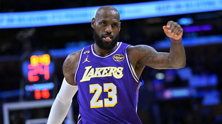 Feb 12, 2026; Los Angeles, California, USA;  Los Angeles Lakers forward LeBron James (23) reacts on the court after a three-point basket in the first half against the Dallas Mavericks at Crypto.com Arena. Mandatory Credit: Jayne Kamin-Oncea-Imagn Images