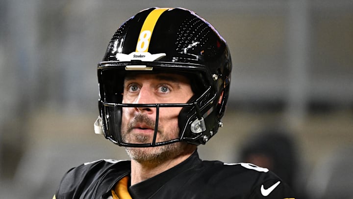 Jan 12, 2026; Pittsburgh, PA, USA; Pittsburgh Steelers quarterback Aaron Rodgers (8) warms up before an AFC Wild Card Round game against the Houston Texans at Acrisure Stadium. Mandatory Credit: Barry Reeger-Imagn Images