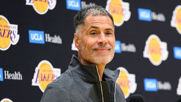 Sep 25, 2025; El Segundo, CA, USA; Los Angeles Lakers general manager Rob Pelinka, left, speaks during a press conference to preview the 2025-26 season at UCLA Health Training Center. Mandatory Credit: William Liang-Imagn Images