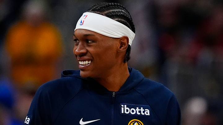 Mar 22, 2026; Denver, Colorado, USA; Denver Nuggets guard Peyton Watson (8) smiles before the game against the Portland Trail Blazers at Ball Arena. Mandatory Credit: Ron Chenoy-Imagn Images