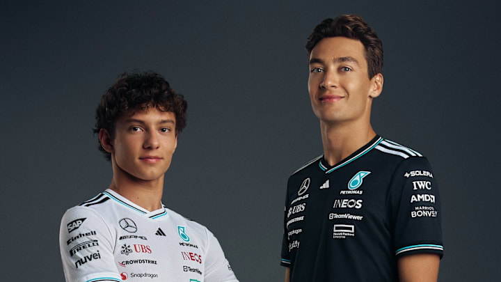 Andrea Kimi Antonelli and George Russell in the new 2025 Mercedes team kit.