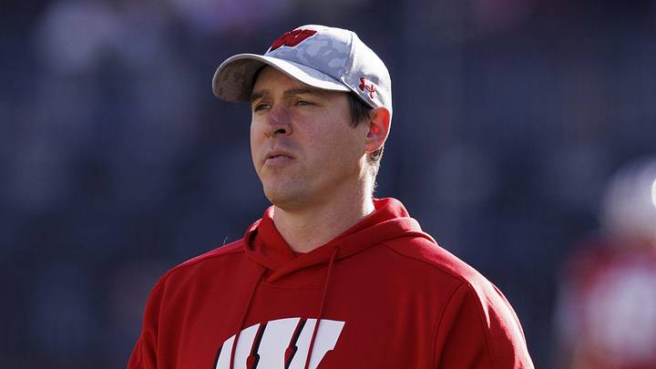 Nov 26, 2022; Madison, Wisconsin, USA; Wisconsin Badgers head coach Jim Leonhard prior to the game against the Minnesota Golden Gophers at Camp Randall Stadium. Mandatory Credit: Jeff Hanisch-Imagn Images Nov 26, 2022; Madison, Wisconsin, USA; Wisconsin Badgers head coach Jim Leonhard prior to the game against the Minnesota Golden Gophers at Camp Randall Stadium. Mandatory Credit: Jeff Hanisch-Imagn Images