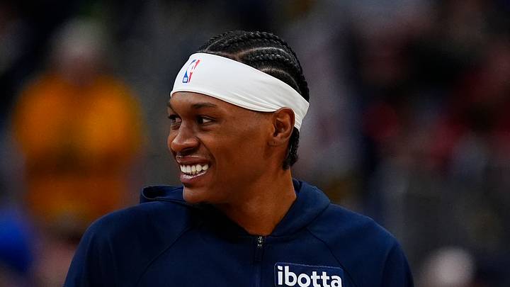 Mar 22, 2026; Denver, Colorado, USA; Denver Nuggets guard Peyton Watson (8) smiles before the game against the Portland Trail Blazers at Ball Arena. Mandatory Credit: Ron Chenoy-Imagn Images