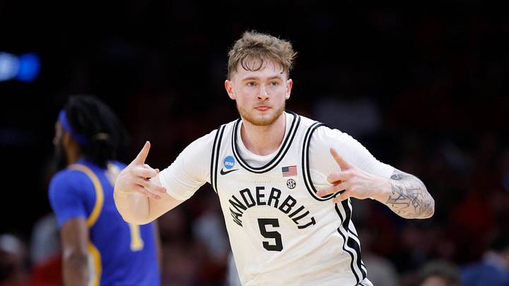 Vanderbilt Commodores forward Tyler Nickel (5) celebrates after making a 3-pointer during a first-round game in the NCAA men's basketball tournament between McNeese and Vanderbilt at Paycom Center in Oklahoma City, Thursday, March 19, 2026. Vanderbilt Commodores forward Tyler Nickel (5) celebrates after making a 3-pointer during a first-round game in the NCAA men's basketball tournament between McNeese and Vanderbilt at Paycom Center in Oklahoma City, Thursday, March 19, 2026.