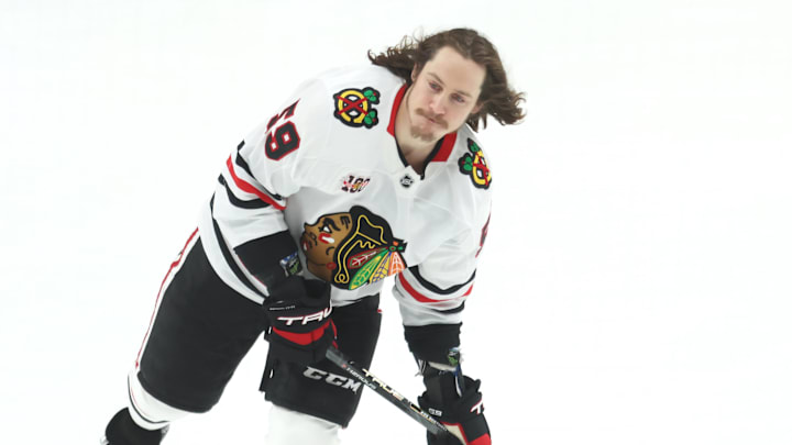 Jan 29, 2026; Pittsburgh, Pennsylvania, USA;  Chicago Blackhawks left wing Tyler Bertuzzi (59) warms up against the Pittsburgh Penguins at PPG Paints Arena. Mandatory Credit: Charles LeClaire-Imagn Images