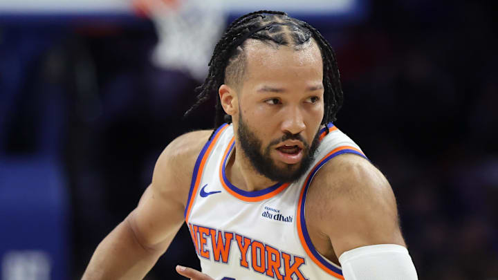 Feb 11, 2026; Philadelphia, Pennsylvania, USA; New York Knicks guard Jalen Brunson (11) drives against the Philadelphia 76ers during the first half at Xfinity Mobile Arena. Mandatory Credit: Bill Streicher-Imagn Images