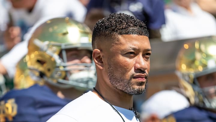 Apr 12, 2025; Notre Dame, IN, USA; Notre Dame Fighting Irish head coach Marcus Freeman waits to run onto the field during the Blue-Gold game at Notre Dame Stadium. 
