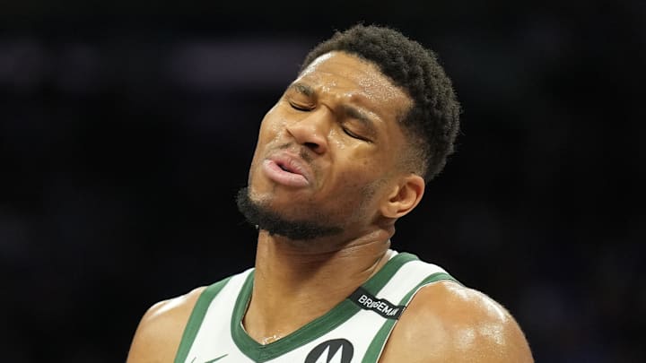 Milwaukee Bucks forward Giannis Antetokounmpo (34) reacts during the third quarter against the Sacramento Kings at Golden 1 Center on March 22, 2025.