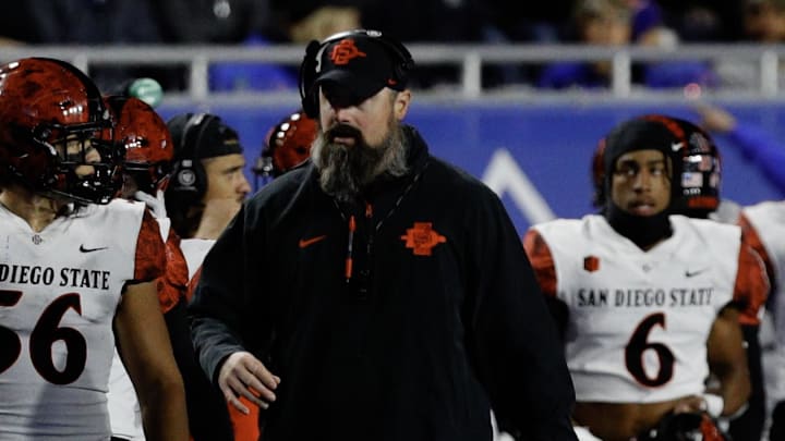 Nov 1, 2024; Boise, Idaho, USA; San Diego State Aztecs head coach Sean Lewis on the sideline during the second quarter against the Boise State Broncos at Albertsons Stadium. Mandatory Credit: Brian Losness-Imagn Images