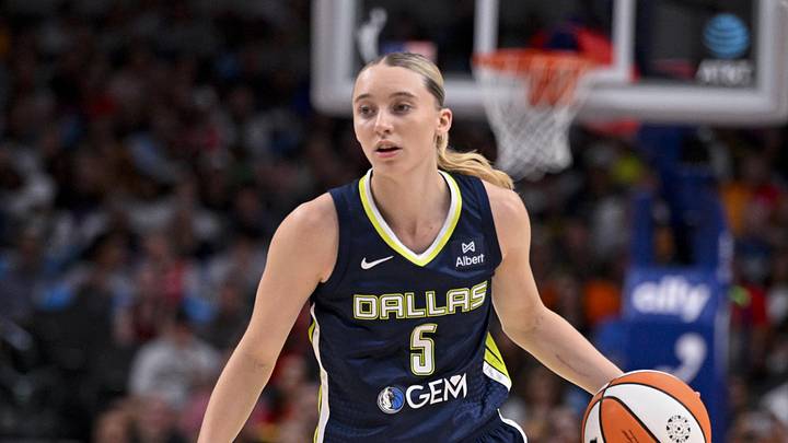 Aug 1, 2025; Dallas, Texas, USA; Dallas Wings guard Paige Bueckers (5) in action during the game between the Dallas Wings and the Indiana Fever at the American Airlines Center. Mandatory Credit: Jerome Miron-Imagn Images