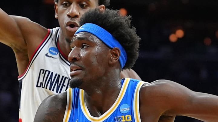 Mar 22, 2026; Philadelphia, PA, USA; UCLA Bruins forward Eric Dailey Jr. (3) dribbles the ball against the UConn Huskies in the first half during a second round game of the men's 2026 NCAA Tournament at Xfinity Mobile Arena. Mandatory Credit: Kyle Ross-Imagn Images