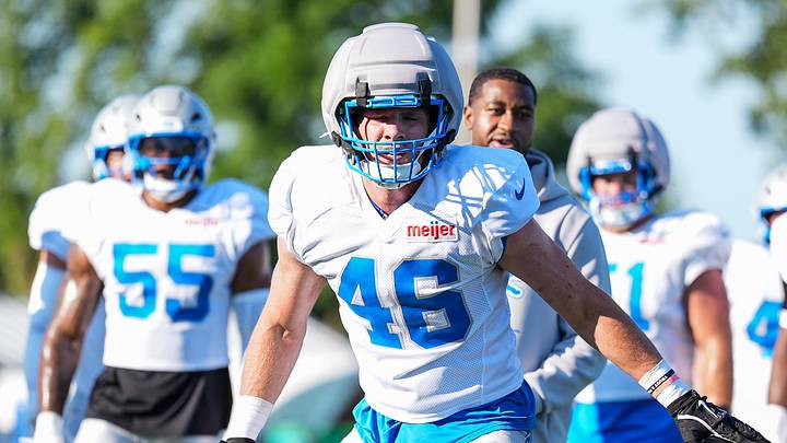 Detroit Lions linebacker Jack Campbell (46) takes part in a linebacker drill during training camp Detroit Lions linebacker Jack Campbell (46) takes part in a linebacker drill during training camp