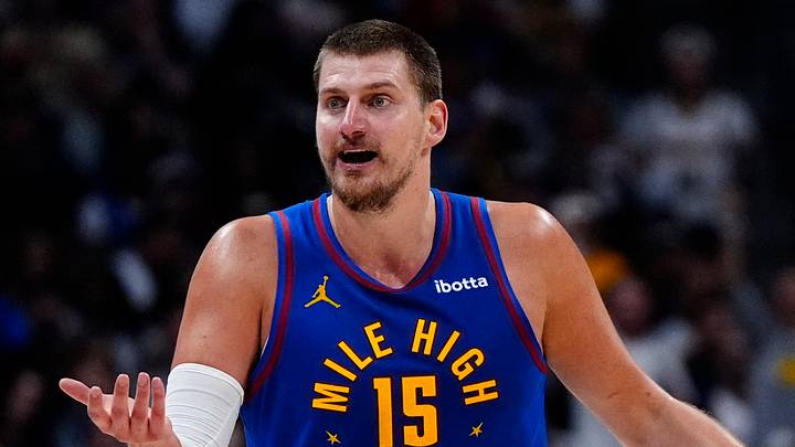 May 9, 2025; Denver, Colorado, USA; Denver Nuggets center Nikola Jokic (15) reacts to a foul called in the first half against the Oklahoma City Thunder during game three of the second round for the 2025 NBA Playoffs at Ball Arena. Mandatory Credit: Ron Chenoy-Imagn Images May 9, 2025; Denver, Colorado, USA; Denver Nuggets center Nikola Jokic (15) reacts to a foul called in the first half against the Oklahoma City Thunder during game three of the second round for the 2025 NBA Playoffs at Ball Arena. Mandatory Credit: Ron Chenoy-Imagn Images