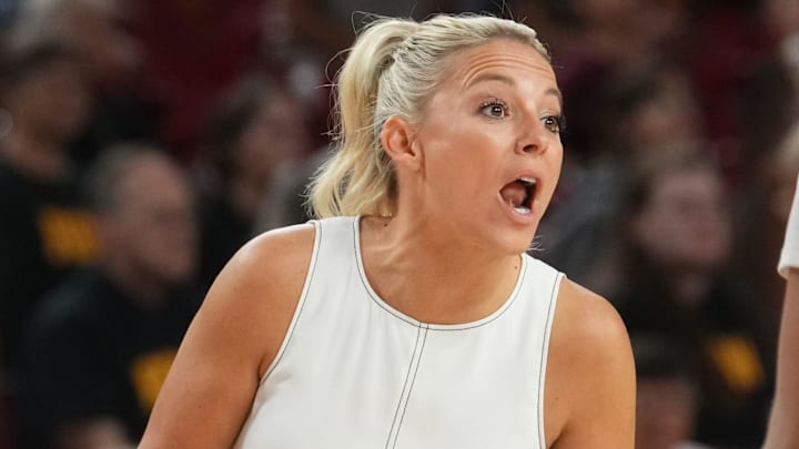 ASU Sun Devils head coach Molly Miller yells out to her team as they play the Coppin State Bald Eagles at Desert Financial Arena on Nov. 3, 2025.