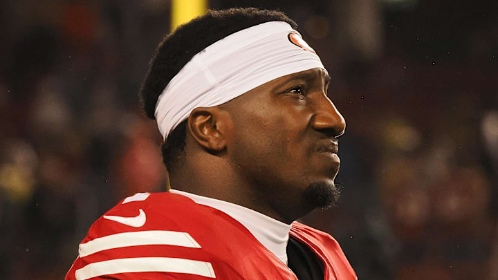 Dec 12, 2024; Santa Clara, California, USA; San Francisco 49ers wide receiver Deebo Samuel Sr (1) before the game against the Los Angeles Rams at Levi's Stadium. Mandatory Credit: Kelley L Cox-Imagn Images