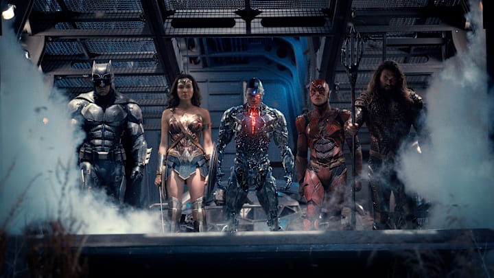 Photo: Ben Affleck, Jason Momoa, Gal Gadot, Ezra Miller, and Ray Fisher in Justice League (2017).. Image Courtesy Warner Bros. Entertainment 