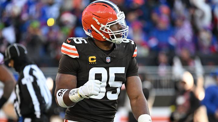 Cleveland Browns defensive end Myles Garrett reacts against the Buffalo Bills during the second half. Cleveland Browns defensive end Myles Garrett reacts against the Buffalo Bills during the second half.