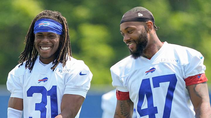 Jun 11, 2025; Orchard Park, NY, USA; Buffalo Bills cornerback Maxwell Hairston (31) and Buffalo Bills cornerback Christian Benford (47) during Minicamp at Highmark Stadium. Mandatory Credit: Gregory Fisher-Imagn Images