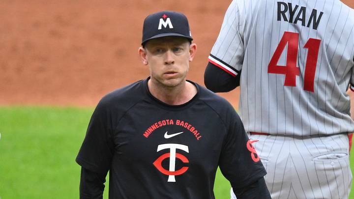Jul 20, 2026; Cleveland, Ohio, USA; Minnesota Twins pitching coach Pete Maki walks on the field in the second inning against the Cleveland Guardians at Progressive Field. Mandatory Credit: David Richard-Imagn Images