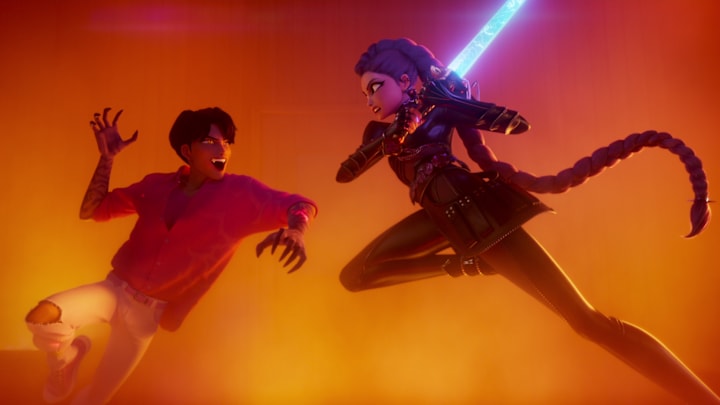 (L-R) Jinu (voice by AHN HYO-SEOP) and Rumi (voice by ARDEN CHO) in KPop Demon Hunters