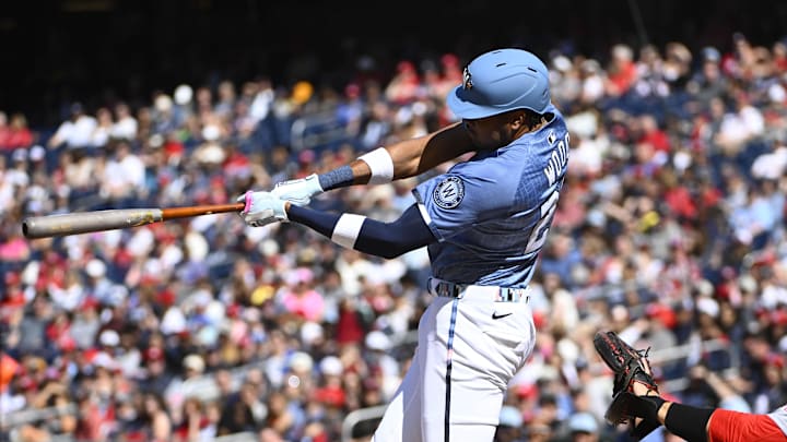 May 10, 2025; Washington, District of Columbia, USA; Washington Nationals designated hitter James Wood (29) singles against the St. Louis Cardinals during the first inning at Nationals Park. 