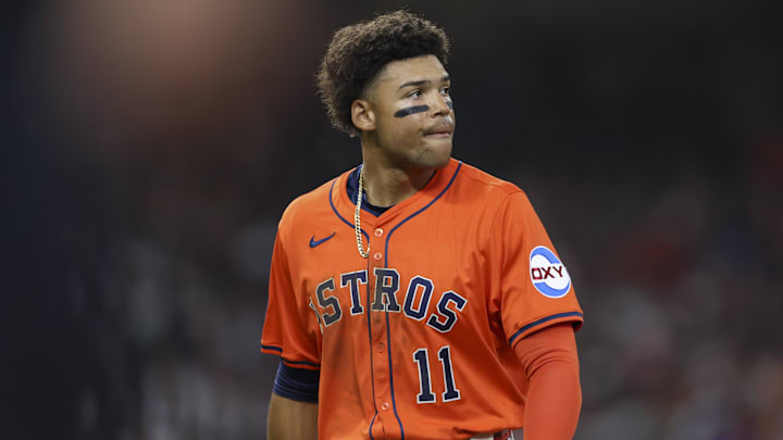 Mar 28, 2025; Houston, TX, USA; Houston Astros right fielder Cam Smith (11) reacts after a play during the game against the New York Mets at Daikin Park.