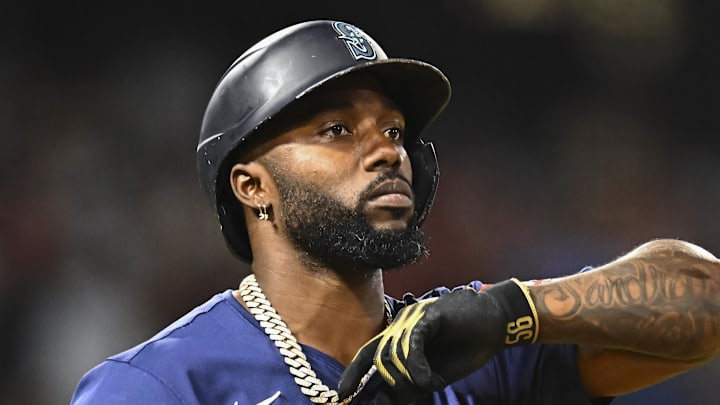 Seattle Mariners outfielder Randy Arozarena looks on during a game against the Los Angeles Angels on July 26 at Angel Stadium. Seattle Mariners outfielder Randy Arozarena looks on during a game against the Los Angeles Angels on July 26 at Angel Stadium.