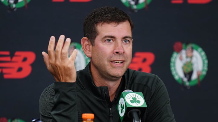 Sep 29, 2025; Boston, MA, USA; Boston Celtics president of basketball operations Brad Stevens talks to reporters during media day at the Auerbach Center. Mandatory Credit: David Butler II-Imagn Images
