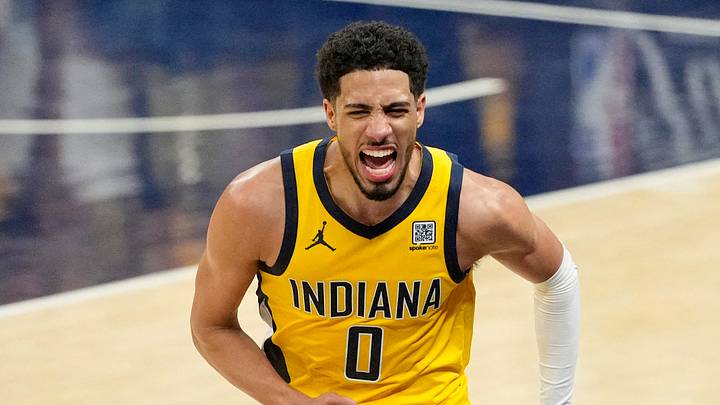 Jun 11, 2025; Indianapolis, Indiana, USA; Indiana Pacers guard Tyrese Haliburton (0) reacts after a play against the Oklahoma City Thunder during the second half during game three of the 2025 NBA Finals at Gainbridge Fieldhouse. Mandatory Credit: Kyle Terada-Imagn Images Jun 11, 2025; Indianapolis, Indiana, USA; Indiana Pacers guard Tyrese Haliburton (0) reacts after a play against the Oklahoma City Thunder during the second half during game three of the 2025 NBA Finals at Gainbridge Fieldhouse. Mandatory Credit: Kyle Terada-Imagn Images
