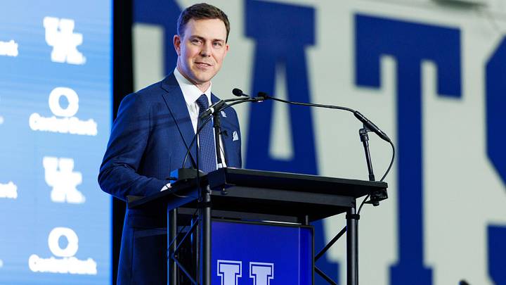 Dec 3, 2025; Lexington, KY, USA; Kentucky Wildcats head football coach Will Stein speaks during his introductory press conference at Nutter Field House. Mandatory Credit: Jordan Prather-Imagn Images