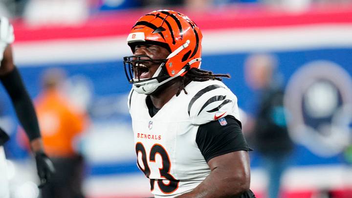 Cincinnati Bengals defensive tackle McKinnley Jackson (93) celebrates after the New York Giants missed their first of two second half field goals, Sunday, October 13, 2024, in East Rutherford. Cincinnati Bengals defensive tackle McKinnley Jackson (93) celebrates after the New York Giants missed their first of two second half field goals, Sunday, October 13, 2024, in East Rutherford.