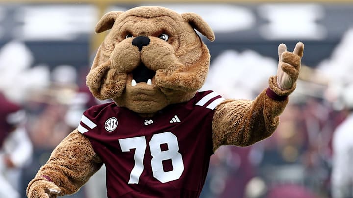 Mississippi State Bulldogs mascot Bully runs onto the field prior to the game against the Texas Longhorns at Davis Wade Stadium at Scott Field.