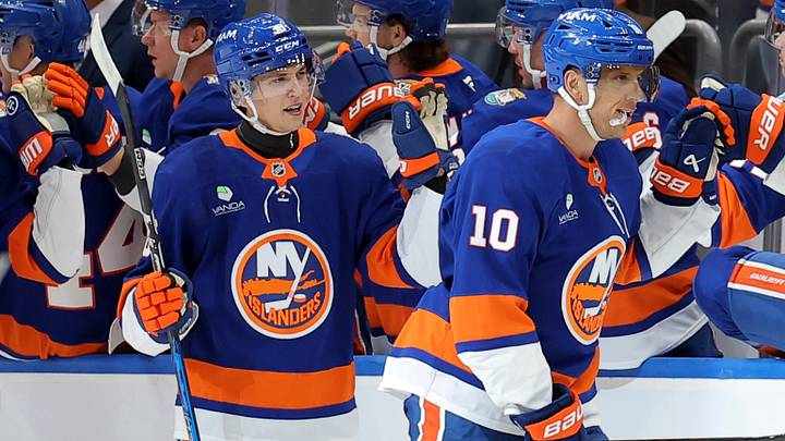 Oct 3, 2026; Elmont, New York, USA; New York Islanders center Brayden Schenn (10) celebrates his goal against the New Jersey Devils with teammates during the second period at UBS Arena. Mandatory Credit: Brad Penner-Imagn Images Oct 3, 2026; Elmont, New York, USA; New York Islanders center Brayden Schenn (10) celebrates his goal against the New Jersey Devils with teammates during the second period at UBS Arena. Mandatory Credit: Brad Penner-Imagn Images