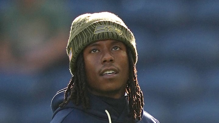Rashid Shaheed of the Seattle Seahawks warms up Rashid Shaheed of the Seattle Seahawks warms up