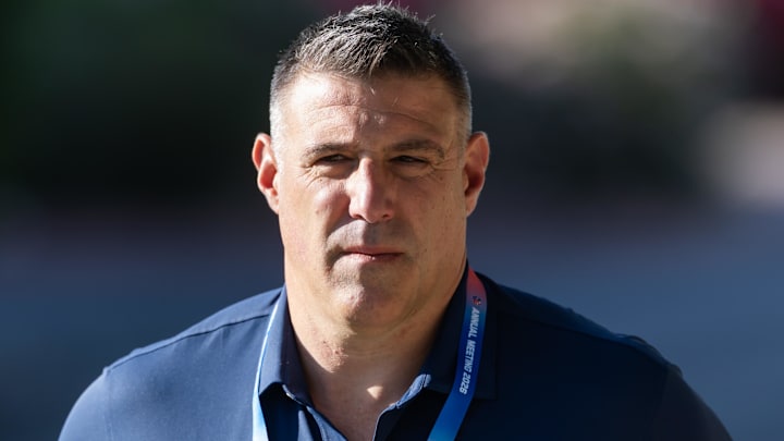 Mar 30, 2026; Phoenix, AZ, USA; New England Patriots head coach Mike Vrabel during the 2026 NFL Annual League Meeting at the Arizona Biltmore. Mandatory Credit: Mark J. Rebilas-Imagn Images