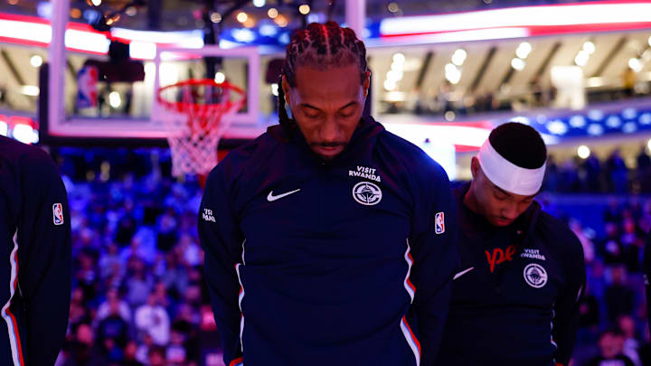 Oct 15, 2025; Sacramento, California, USA; Los Angeles Clippers forward Kawhi Leonard (2) stands during the playing of the national anthem before the game against the Sacramento Kings at Golden 1 Center. Mandatory Credit: Sergio Estrada-Imagn Images