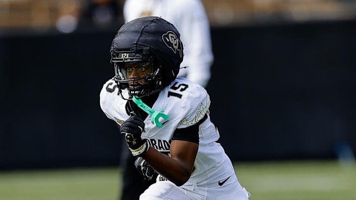 Apr 19, 2025; Boulder, CO, USA; Colorado Buffaloes wide receiver Quentin Gibson (15) during the spring game at Folsom Field. Mandatory Credit: Isaiah J. Downing-Imagn Images