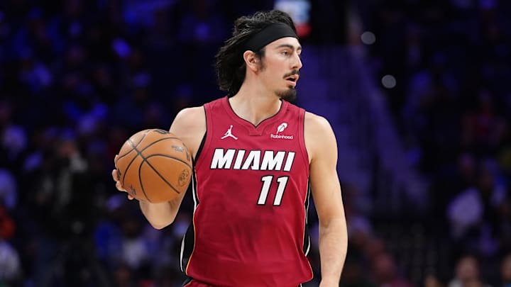 Feb 5, 2025; Philadelphia, Pennsylvania, USA; Miami Heat forward Jaime Jaquez Jr (11) controls the ball against the Philadelphia 76ers in the second quarter at Wells Fargo Center. Mandatory Credit: Kyle Ross-Imagn Images