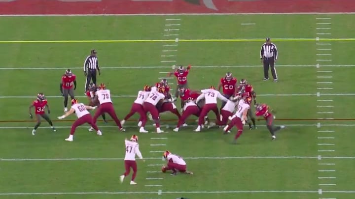 Washington Commanders kicker Zane Gonzalez kicks a game-winning field goal against the Tampa Bay Buccaneers.
